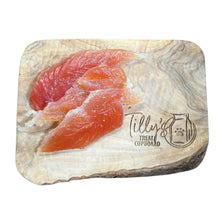 Marble-patterned pet treat board with chicken fillets on a white background, featuring 'Tilly's Treat Cupboard' branding.