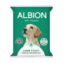 Albion Pet Foods lamb feast dog food packaging on a white background