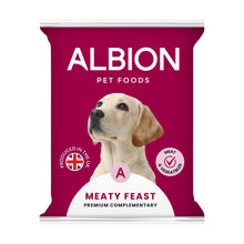 Albion Pet Foods 'Meaty Feast' dog food package on a white background