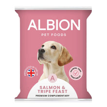Albion Pet Foods salmon and tripe feast dog food packaging on a pink background