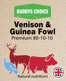 Buddy's Choice Venison & Guinea Fowl food packaging with illustrations of a deer, cow, and guinea fowl on a brown background.