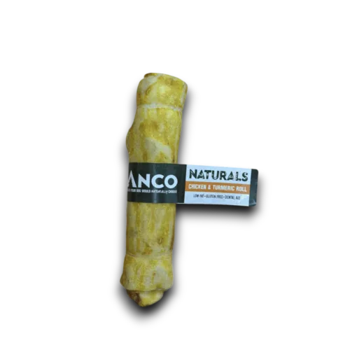 Dog treat with a 'Manco Naturals' label on a white background