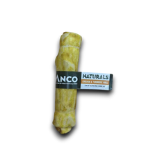 Dog treat with a 'Manco Naturals' label on a white background