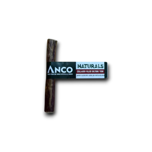 Dog collagen biltong tube with 'Anco Naturals' label on a white background.