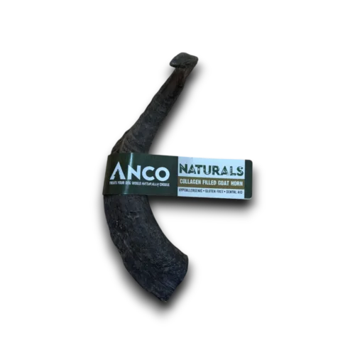 Dog chew goat horn with 'Anco Naturals' label on a white background