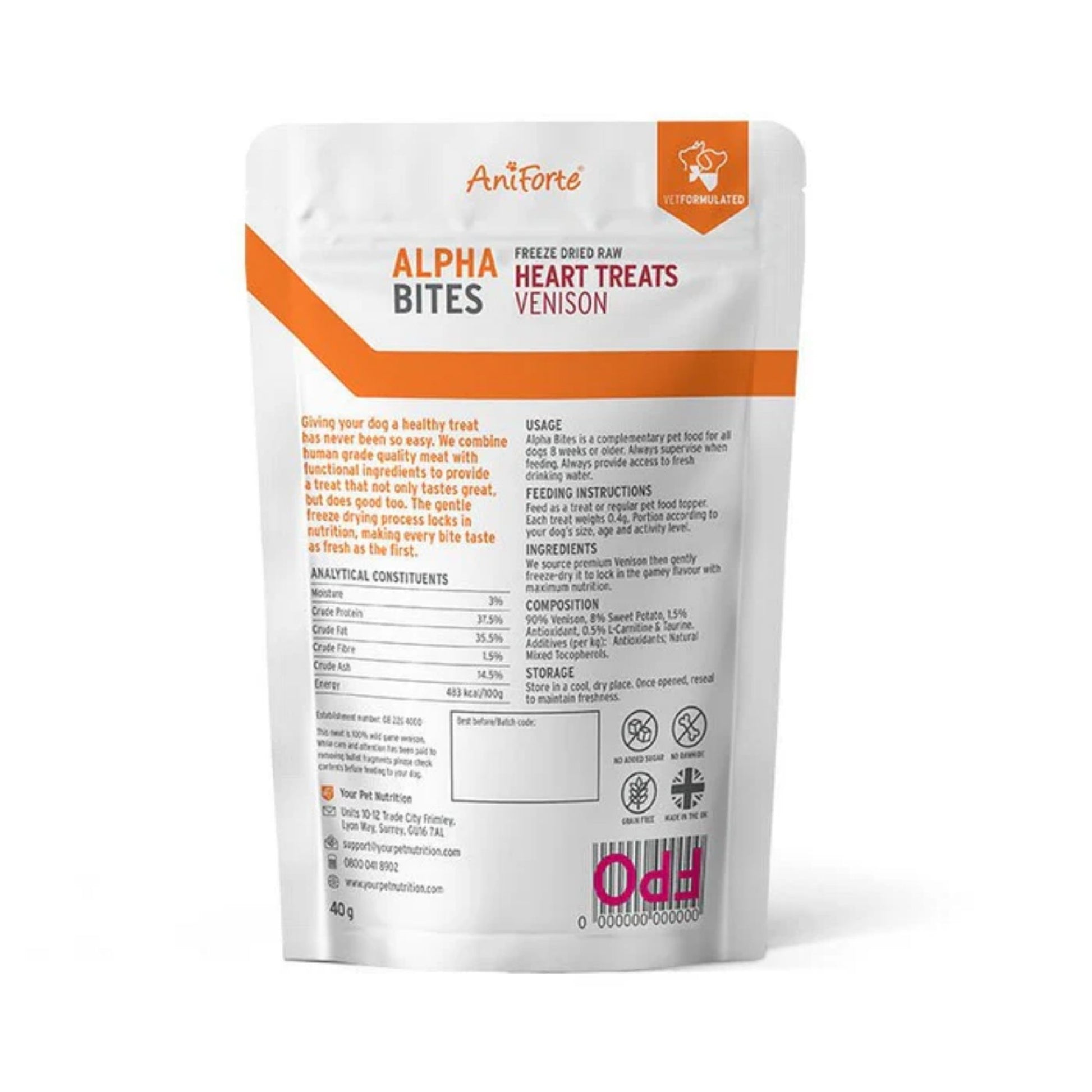 Aniforte alpha bites freeze dried raw heart treats back of packaging