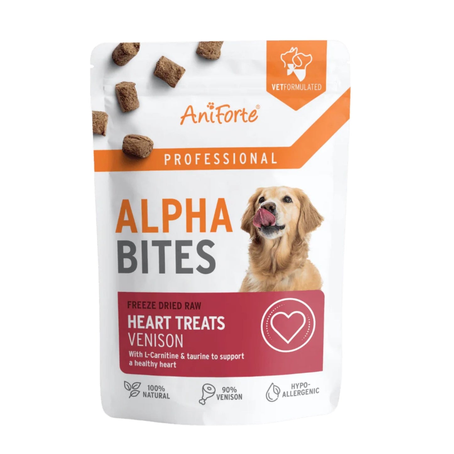 AniForte Alpha Bites freeze-dried raw heart treats packaging for dogs on a white background