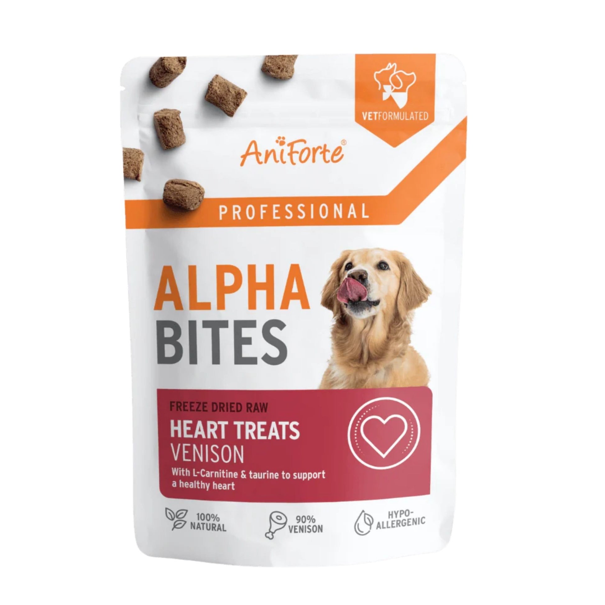 AniForte Alpha Bites freeze-dried raw heart treats packaging for dogs on a white background