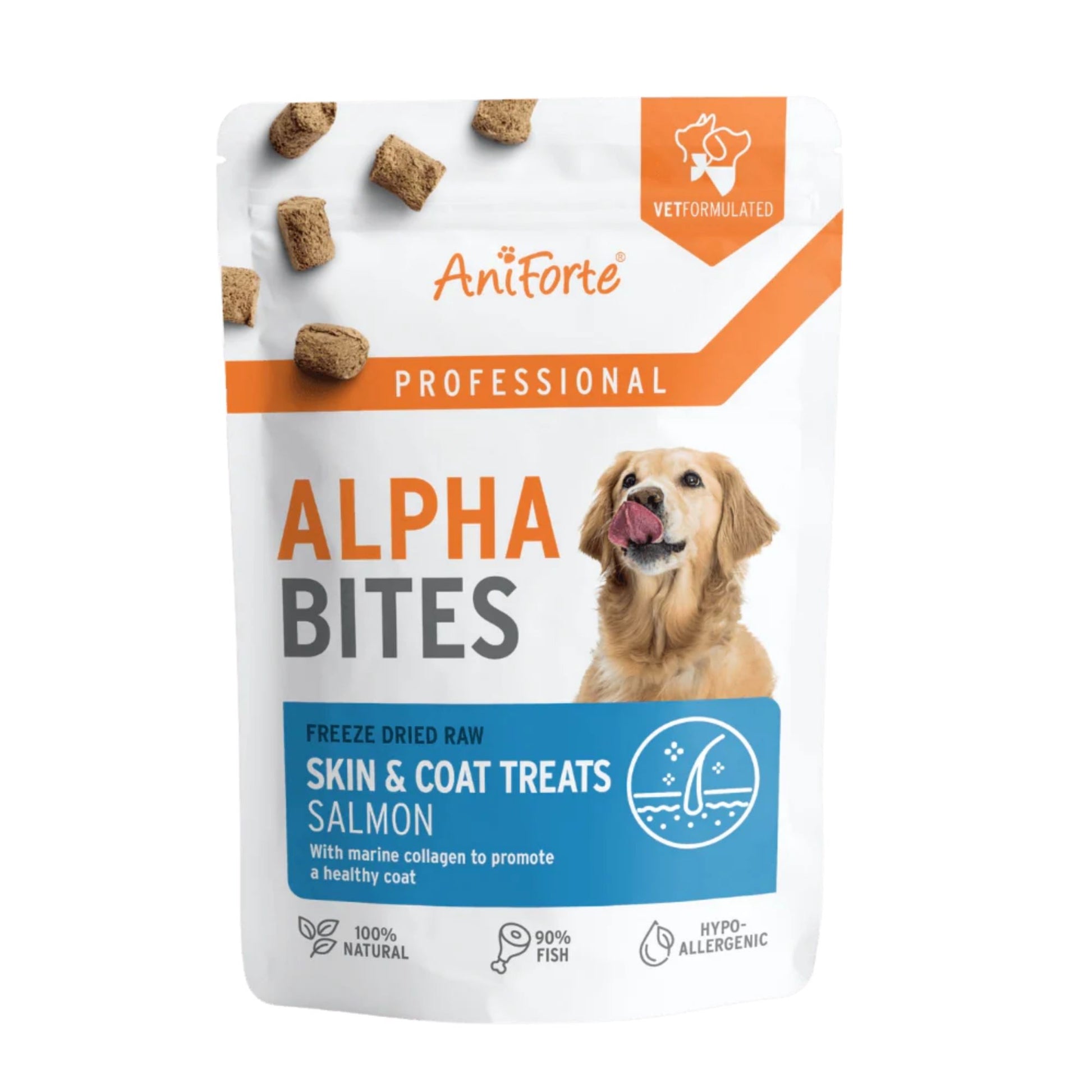 AniForte Alpha Bites freeze-dried raw salmon skin and coat treats packaging on a white background