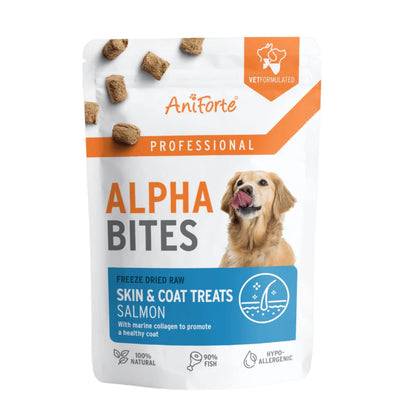 AniForte Alpha Bites freeze-dried raw salmon skin and coat treats packaging on a white background