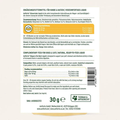 The back of a white package of complementary feed for dogs and cats, showing German text, ingredients, feeding recommendations, and a barcode.