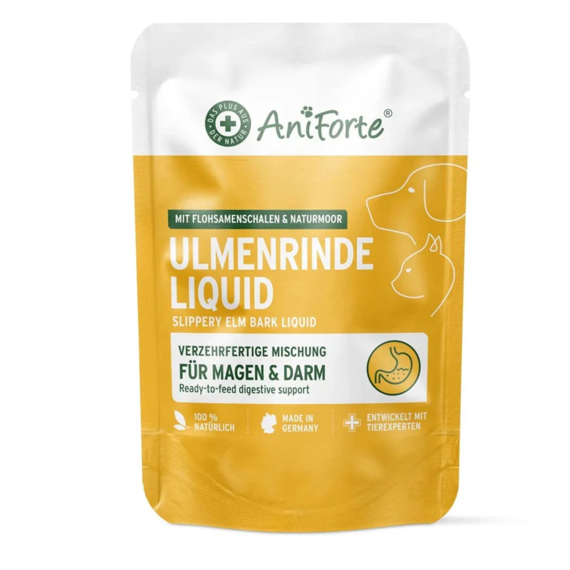A stand-up pouch of AniForte Ulmenrinde Liquid for dogs, featuring a white top section and a golden-yellow lower section with German text and simple dog outline graphics.