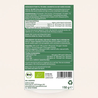 Back of a green pet food packaging label with text and a barcode on a white background