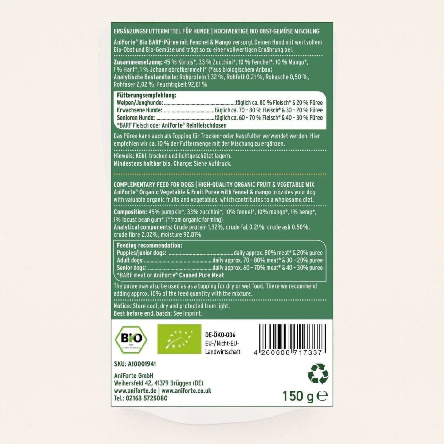 Back of a green pet food packaging label with text and a barcode on a white background