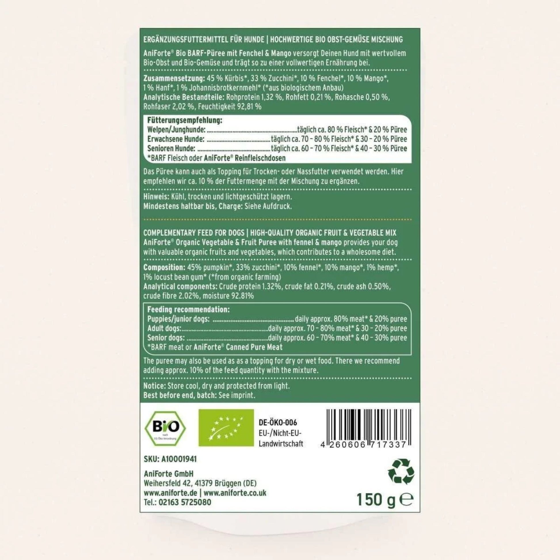 Back of a green pet food packaging label with text and a barcode on a white background