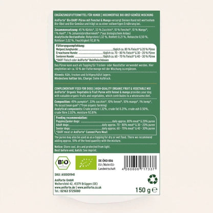 Back of a green pet food packaging label with text and a barcode on a white background