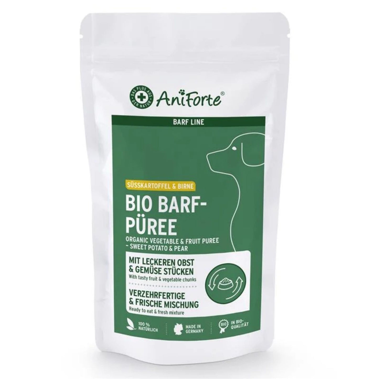 AniForte organic vegetable and fruit puree packaging on a white background