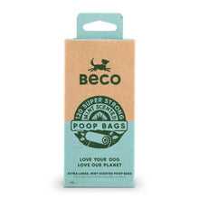 Beco dog poop bags packaging, featuring a kraft brown cardboard box with a light blue lower section and a matching blue hanging tab, displaying the green 'Beco' brand logo and product details.