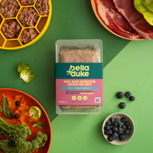 raw food labelled bella+duke on a green background with fruit, vegetables and meat
