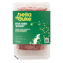 Bella Duke Five Bird Roast dog food in a clear plastic tray with a green label, shown on a white background.