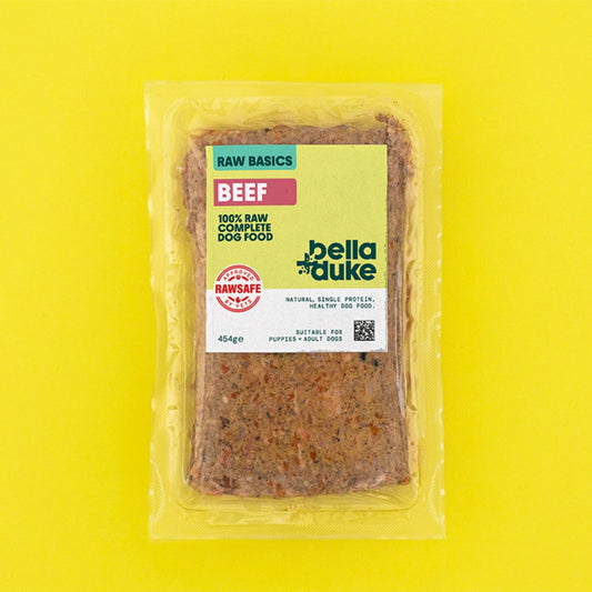 Packaged beef raw dog food from Bella & Duke on a yellow background