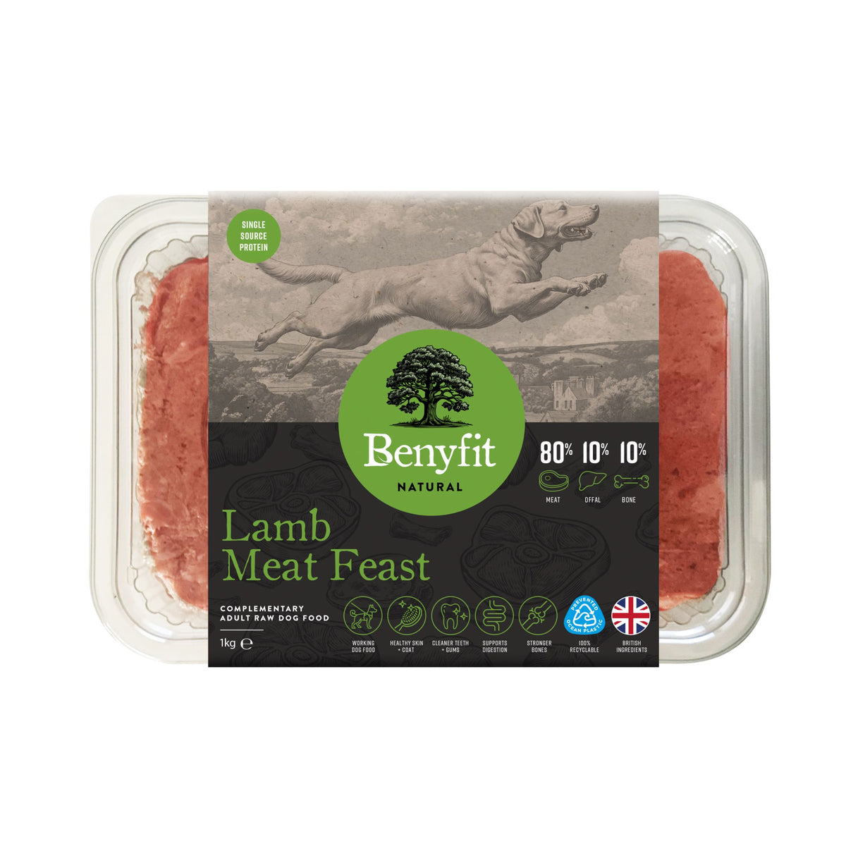Benyfit Natural Lamb Meat Feast dry dog food in a clear plastic clamshell package with a black and green label, showing the raw pink meat inside.