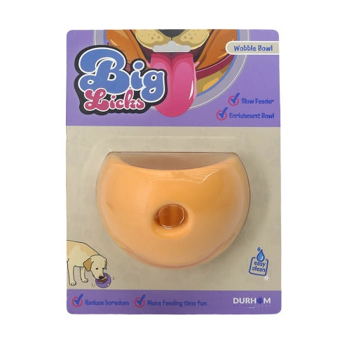 Packaging of a Big Licks wobble bowl for dogs with a orange bowl on a white background.