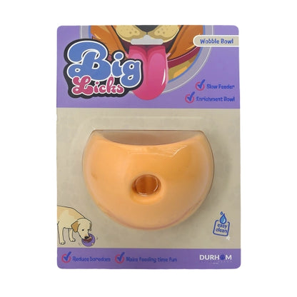 Packaging of a Big Licks wobble bowl for dogs with a orange bowl on a white background.