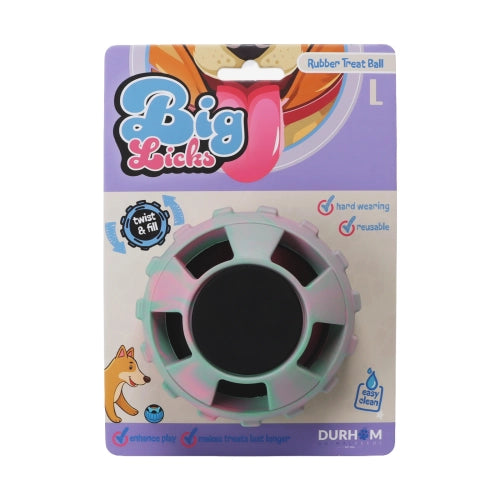 Big licks refillable treat ball in pink and green with packaging