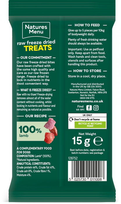 Natures Menu Freeze Dried Meat Bites 100% Lamb 15g