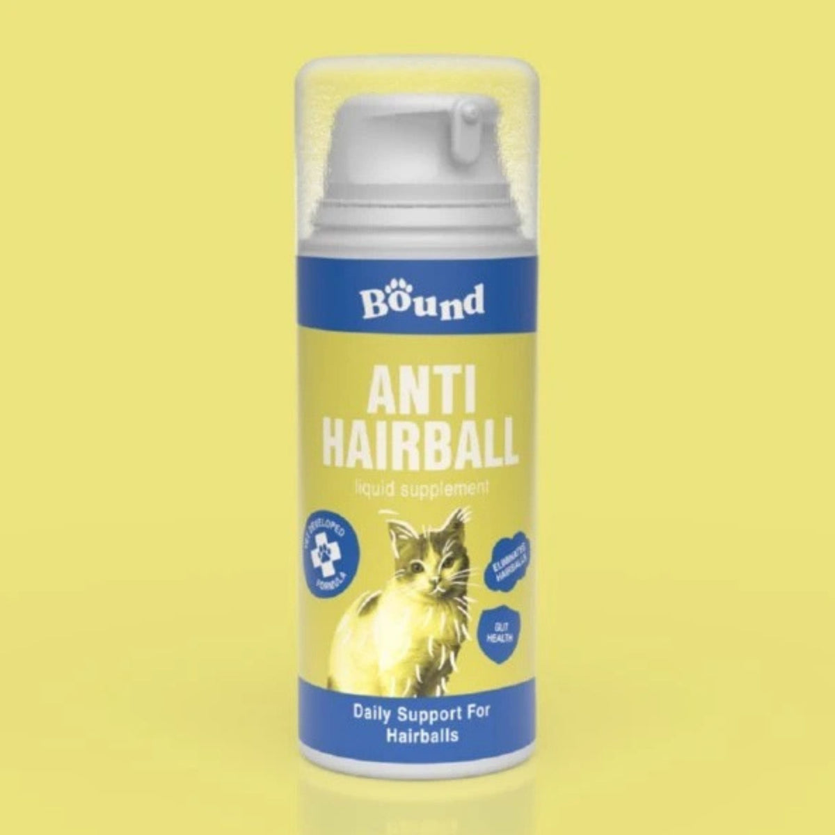 A bottle of Bound Anti Hairball liquid supplement for cats, featuring a yellow and blue label with a cat illustration, set against a solid pale yellow background.