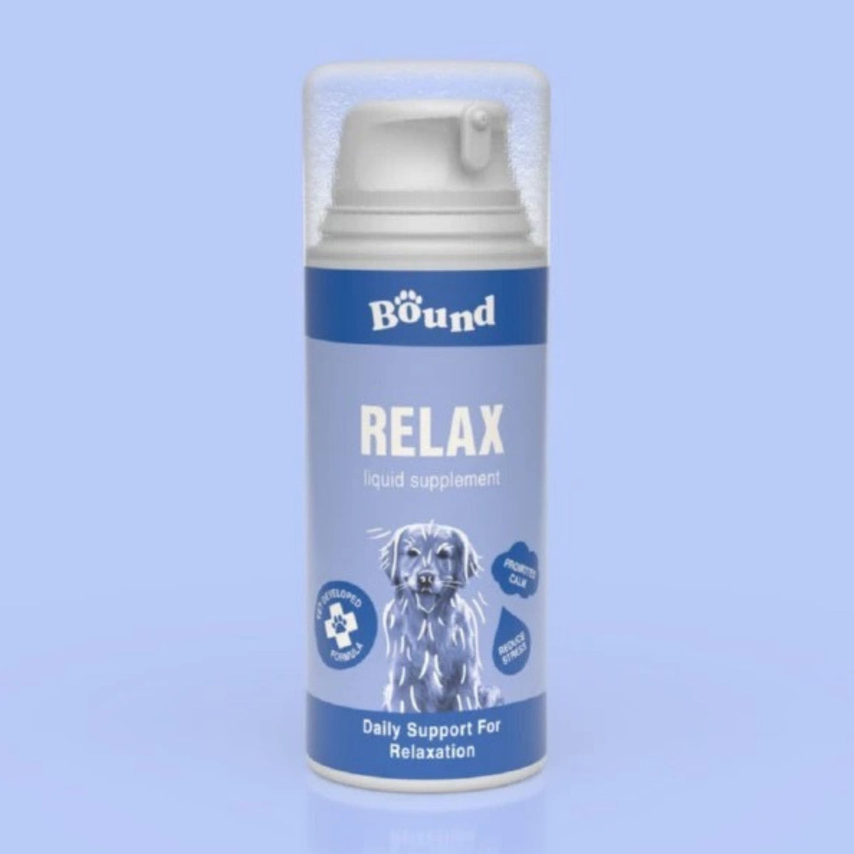 A can of Bound Relax liquid supplement for dogs, featuring a white and blue label with an illustration of a dog, set against a light blue background.
