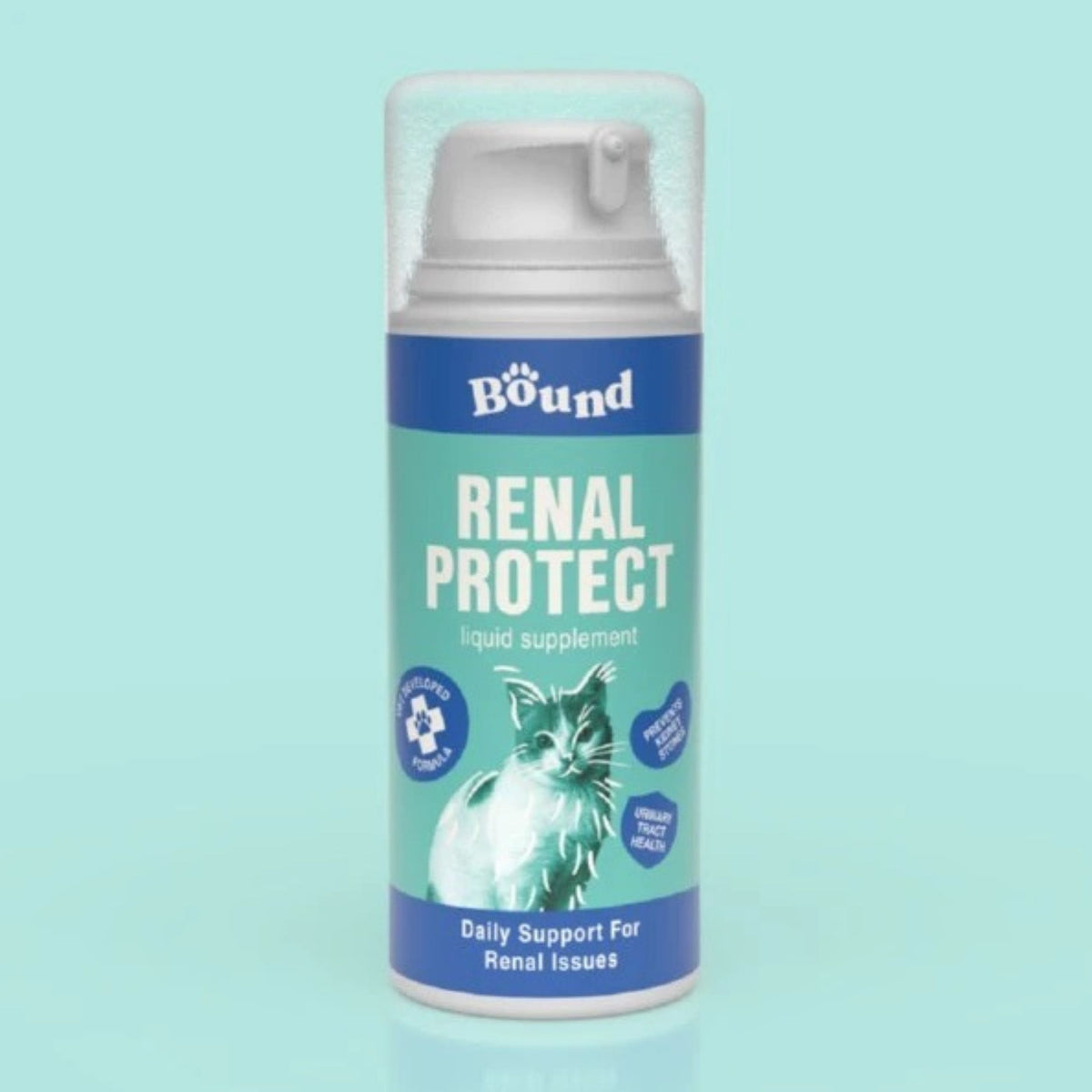 A can of Bound Renal Protect liquid supplement for cats, featuring a teal and blue label with a cat illustration, set against a solid light teal background.