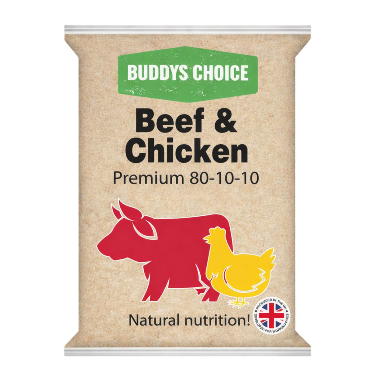 A packet of Buddys Choice Beef & Chicken Premium 80-10-10 natural nutrition dog food. The packaging is a kraft paper style with a green 'BUDDYS CHOICE' logo, black text, and illustrations of a red cow and a yellow chicken.