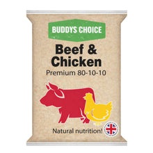 A packet of Buddys Choice Beef & Chicken Premium 80-10-10 natural nutrition dog food. The packaging is a kraft paper style with a green 'BUDDYS CHOICE' logo, black text, and illustrations of a red cow and a yellow chicken.