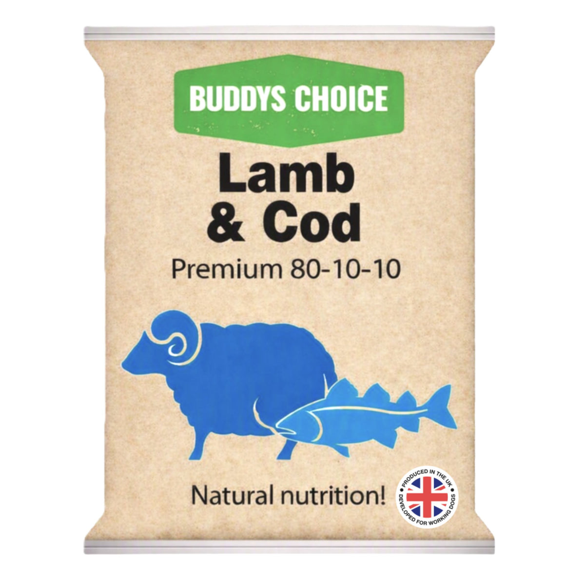 A bag of Buddys Choice Lamb & Cod Premium 80-10-10 natural nutrition animal supplement, featuring a beige textured background with a green brand banner, blue lamb and cod silhouettes, and a UK origin badge.