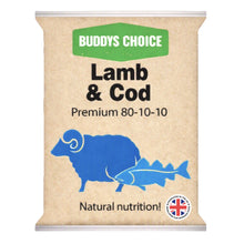 A bag of Buddys Choice Lamb & Cod Premium 80-10-10 natural nutrition animal supplement, featuring a beige textured background with a green brand banner, blue lamb and cod silhouettes, and a UK origin badge.