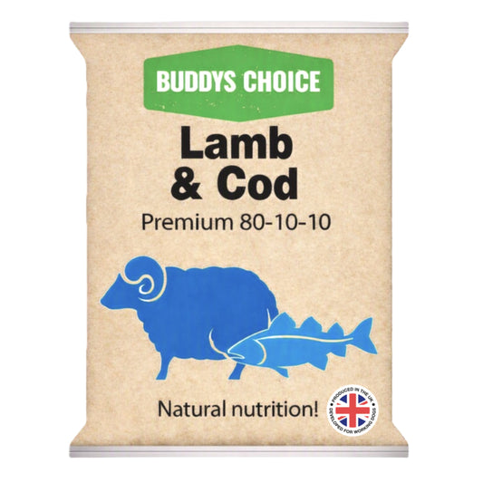 A bag of Buddys Choice Lamb & Cod Premium 80-10-10 natural nutrition animal supplement, featuring a beige textured background with a green brand banner, blue lamb and cod silhouettes, and a UK origin badge.