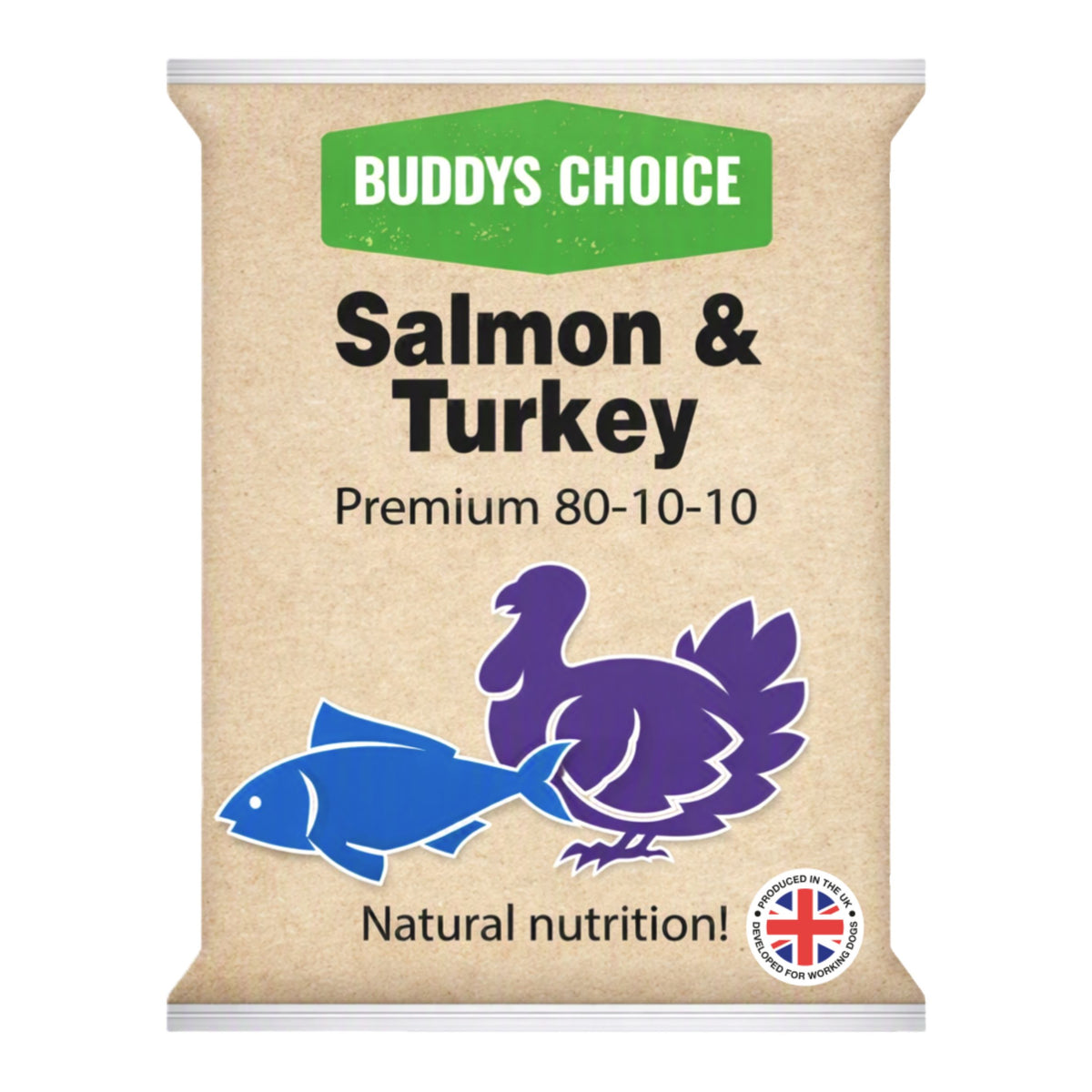 A pack of Buddys Choice Salmon & Turkey Premium 80-10-10 natural nutrition pet food, shown on a plain white background. The packaging is a kraft paper style with a green 'BUDDYS CHOICE' logo, black text, and purple and blue illustrations of a turkey and a fish.