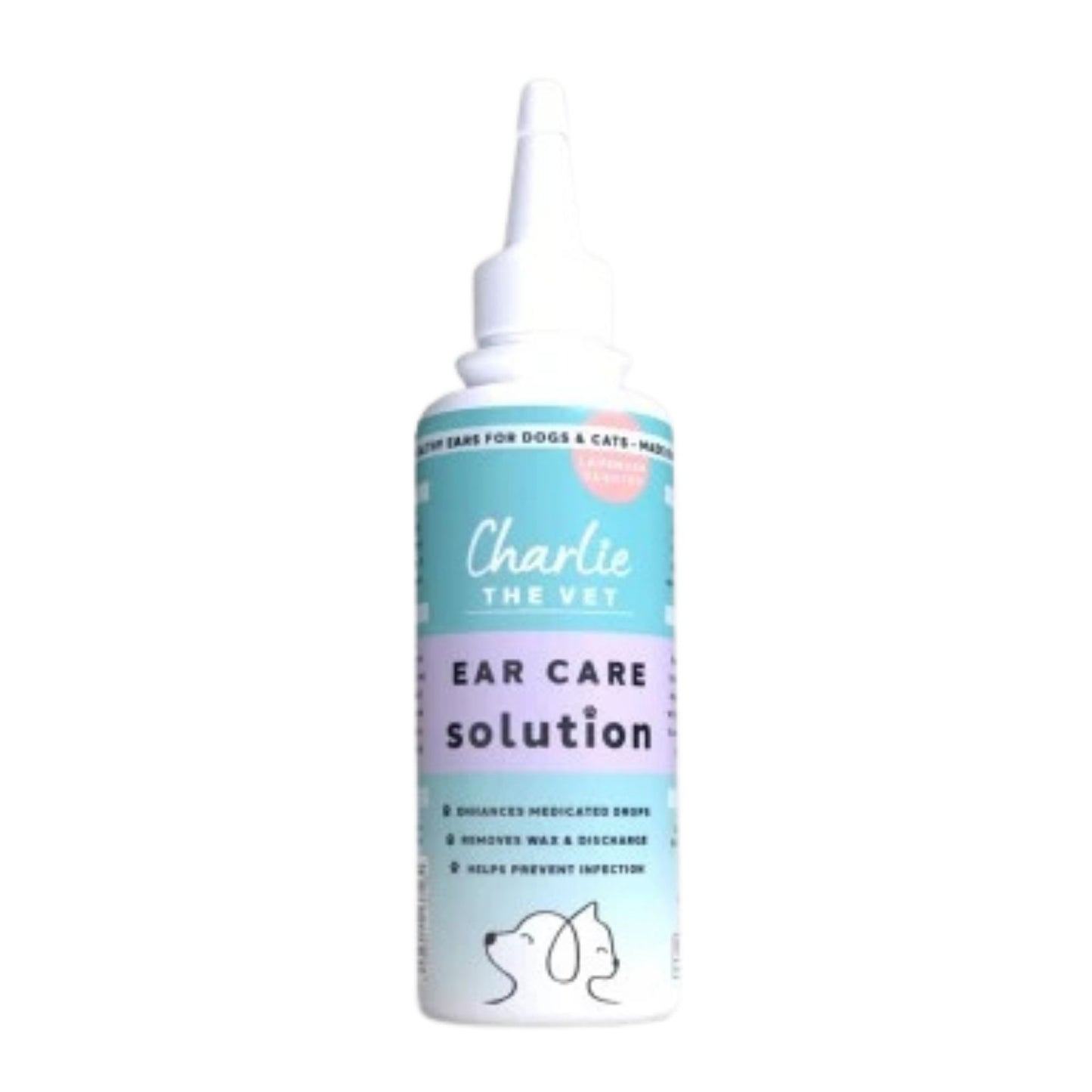 Bottle of Charlie the Vet ear care solution on a white background
