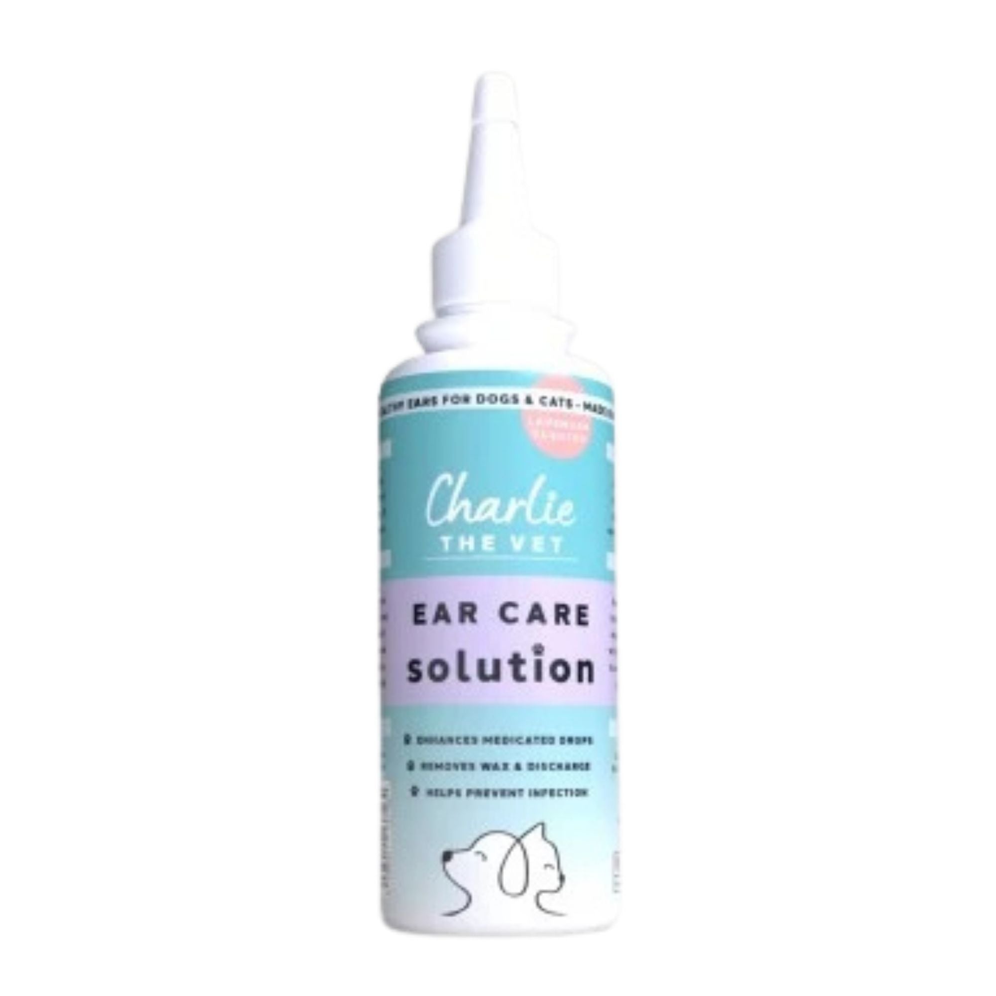 Bottle of Charlie the Vet ear care solution on a white background