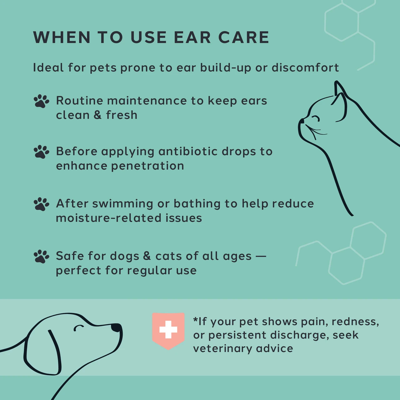Infographic on when to use ear care for pets, featuring text and illustrations of a dog and cat.
