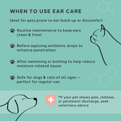 Infographic on when to use ear care for pets, featuring text and illustrations of a dog and cat.