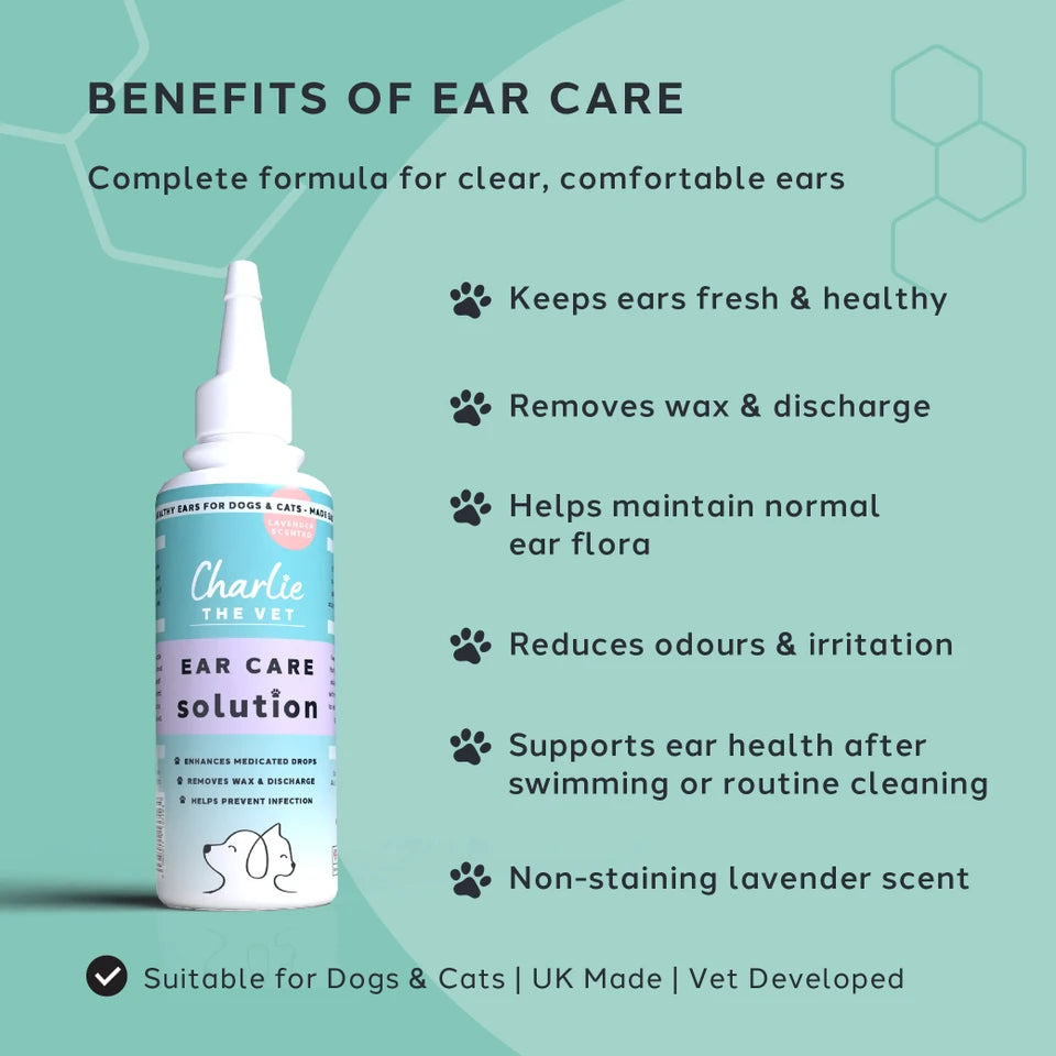 Bottle of Charlie the Vet ear care solution with benefits listed on a green background