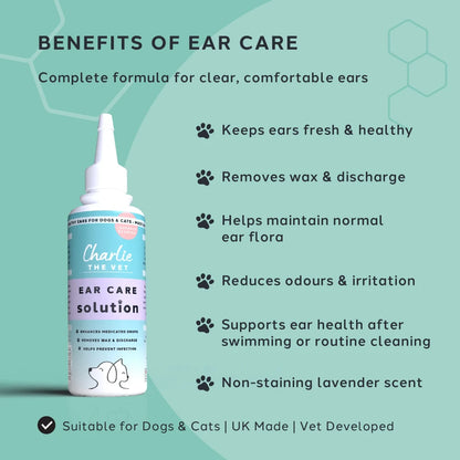 Bottle of Charlie the Vet ear care solution with benefits listed on a green background