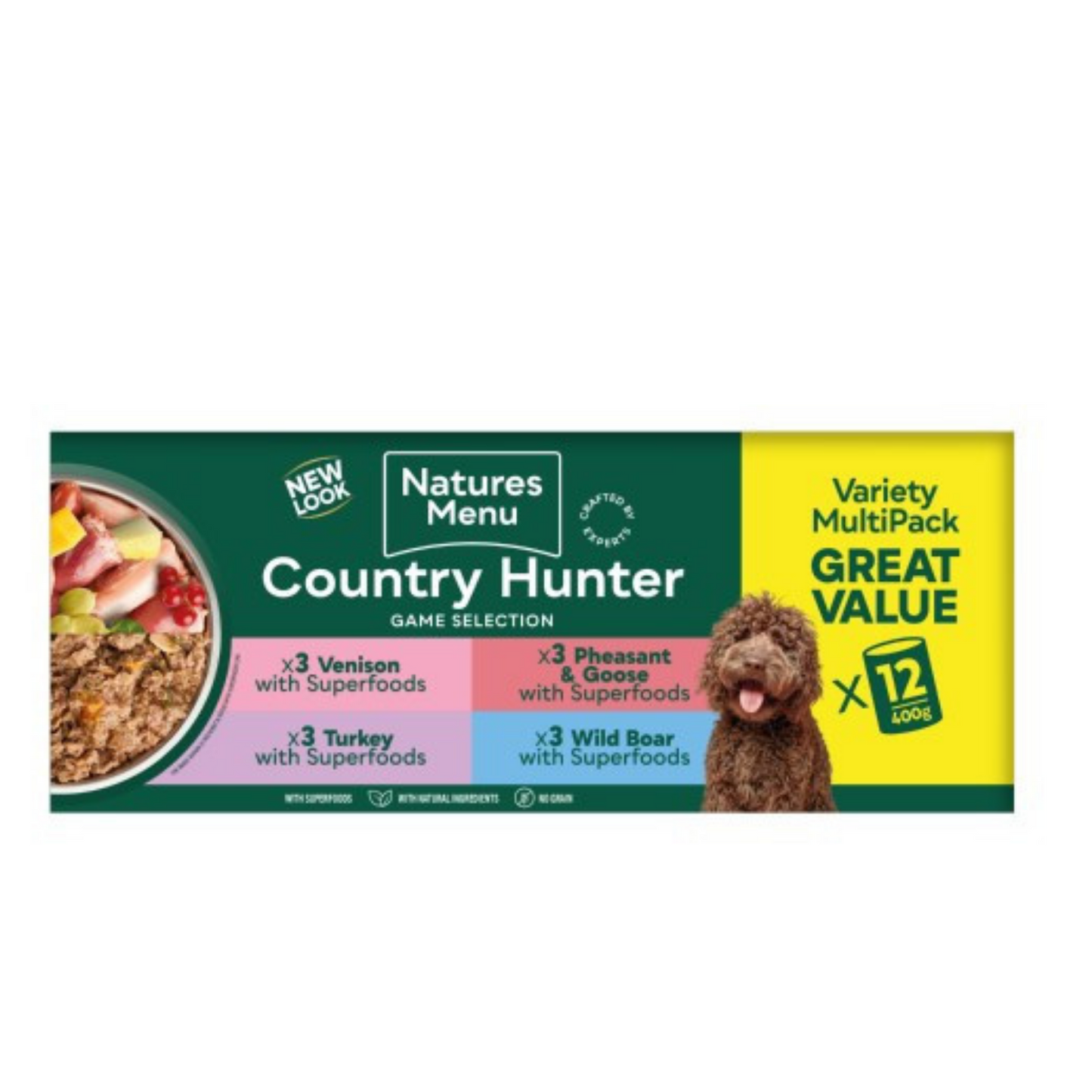 Natures Menu Country Hunter dog food packaging on a white background