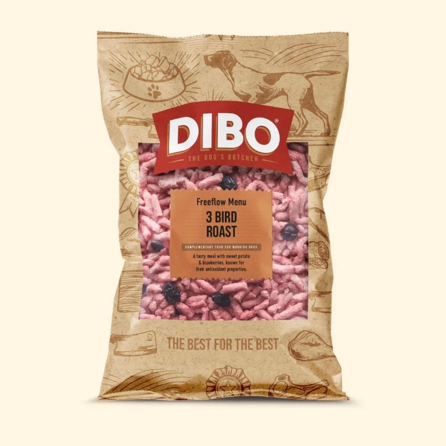 DIBO dog food package on a beige background