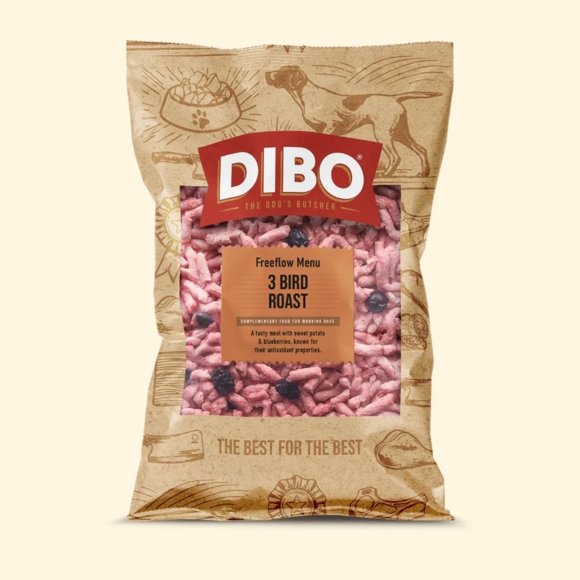 DIBO dog food package on a beige background