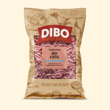 DIBO pet food package with beef and offal on a beige background