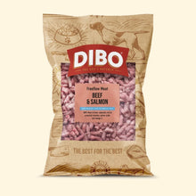 DIBO dog food package with beef and salmon flavor on a beige background